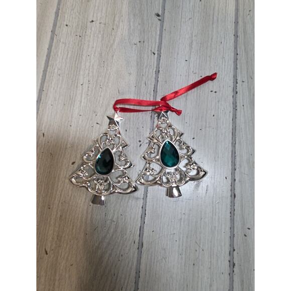 Lenox Bejeweled Christmas Tree Ornament Silver Plate Emerald Set Of 2 Holiday - Picture 1 of 7